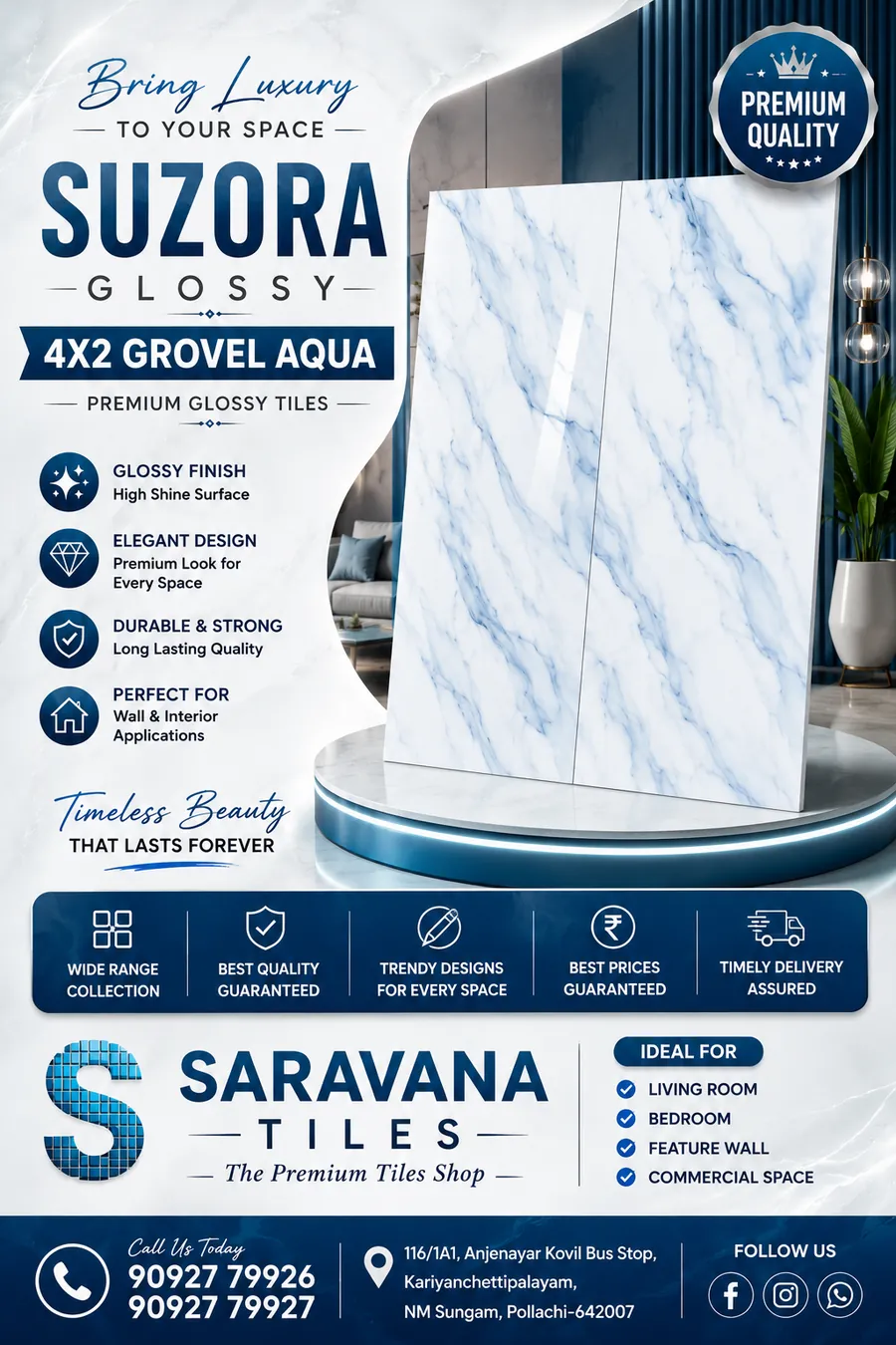 Suzora Glossy 4x2 Grovel Aqua tiles at Saravana Ceramics